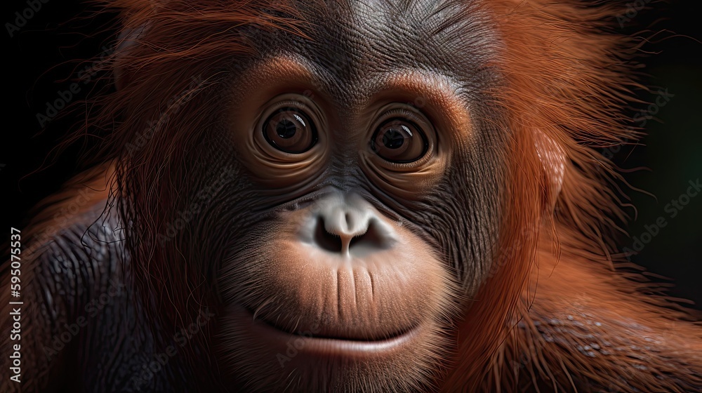 Wallpaper of a cute baby orangutan close-up. Created with generative Ai technology Wallpaper of a cute baby orangutan close-up. Created with generative Ai technology
