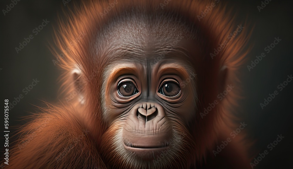 Wallpaper of a cute baby orangutan close-up. Created with generative Ai technology Wallpaper of a cute baby orangutan close-up. Created with generative Ai technology