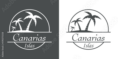 Destino de vacaciones. Logo aislado con texto manuscrito Canarias Islas en español con silueta de isla con la palma en círculo lineal