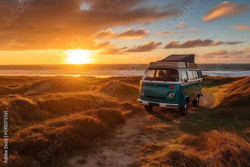Sunset Adventure: Camper Van on Beach with Vibrant Green Meadow and Lush Orange Sky. Generative Ai