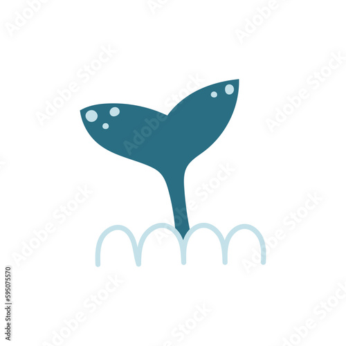 Blue whale tail with ocean waves. Cartoon vector illustration on white background.