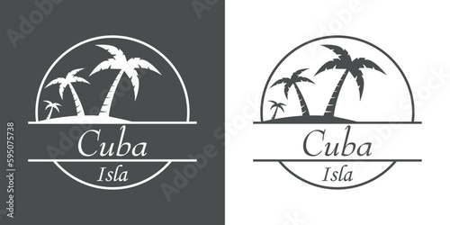 Destino de vacaciones. Logo aislado con texto manuscrito Cuba Isla en español con silueta de isla con la palma en círculo lineal