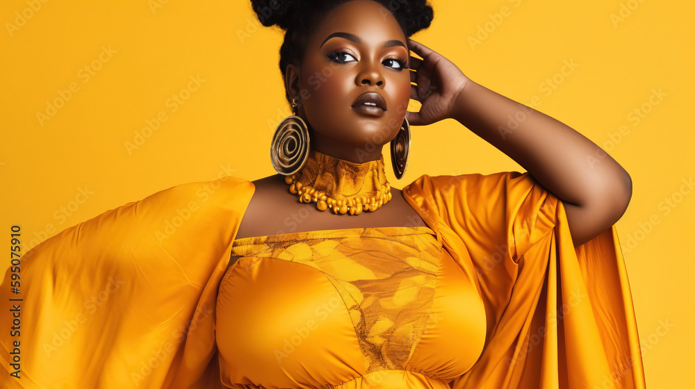 Plus size model poses in a stylish costume standing against the wall in ...