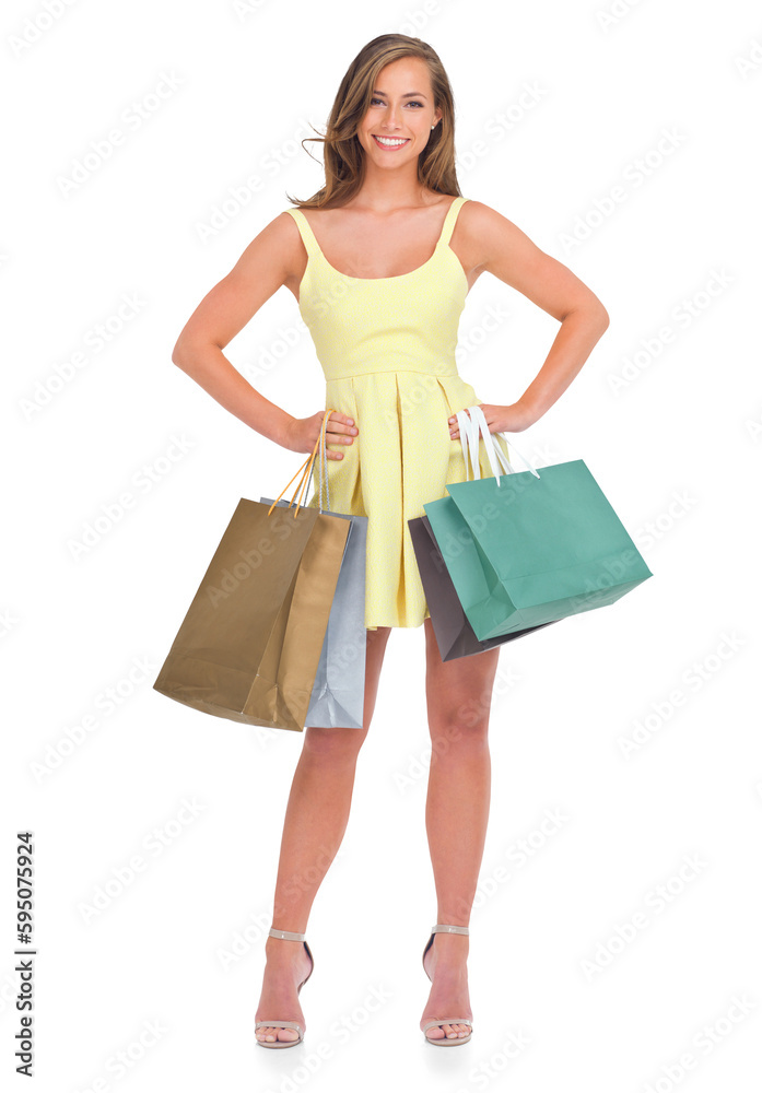 Shopping bag, customer portrait and happy woman with fashion spree, discount sales choice or boutique gift. Black Friday, trendy clothes or mall store female isolated on transparent, png background