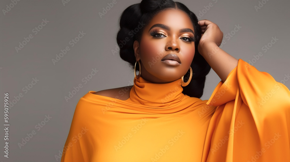 Plus size model poses in a stylish costume standing against the wall in a photo studio. AI-generated fictional character Plus size model poses in a stylish costume standing against the wall in a photo studio. AI-generated fictional character