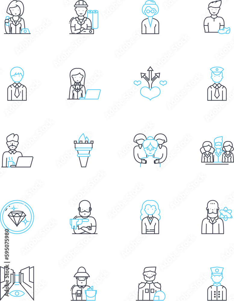 Restaurant server linear icons set. Hospitality, Communication, Attentiveness, Efficiency, Teamwork, Multitasking, Menu knowledge line vector and concept signs. Presentation,Patience,Responsiveness