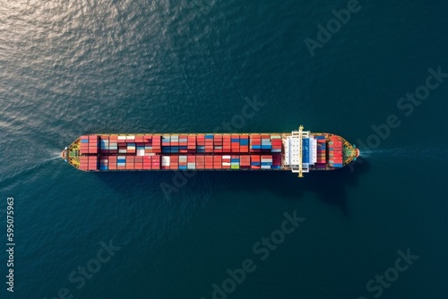 An aerial picture of a cargo ship carrying containers for export and import is shown on a global world. Service for Freight Forwarding World Mariners Day, 25 June. Generative AI