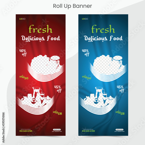 Food roll up banner design for restaurant. creative food roll up banner template, modern food rollup banner