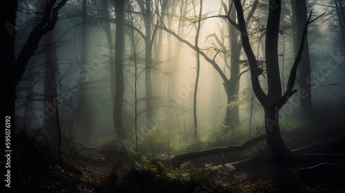 An intriguing image of a mysterious, foggy forest, with the silhouettes of trees fading into the mist and the soft, diffused light creating a sense of depth and enchantment