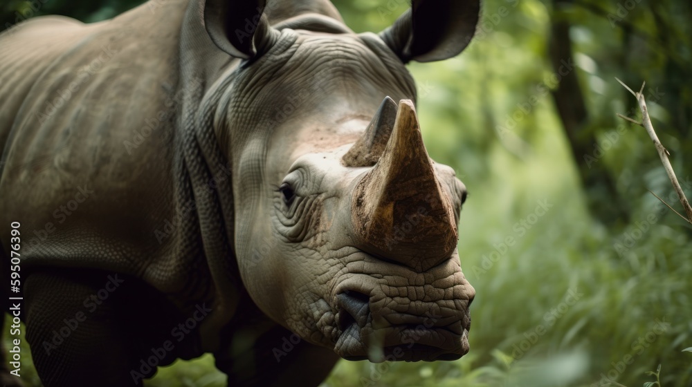 Rhinoceros in a cinematic jungle forest background with beautiful colors generative ai