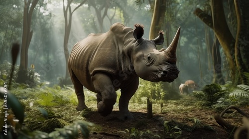 Rhinoceros in a cinematic jungle forest background with beautiful colors generative ai