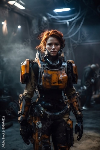 A cyberpunk beautiful woman pilot, clad in an advanced exoskeleton suit. generative AI