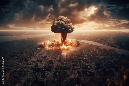 Aerial view of atomic explosion over the earth. Catastrophe concept. Generative AI