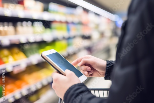 Close up shot of unrecognizable person using smart phone in supermarket. Generative AI