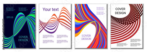 A set of 4 abstract covers. Wavy parallel gradient lines, ribbons evolve. Cover design, background. Trendy banner, poster.