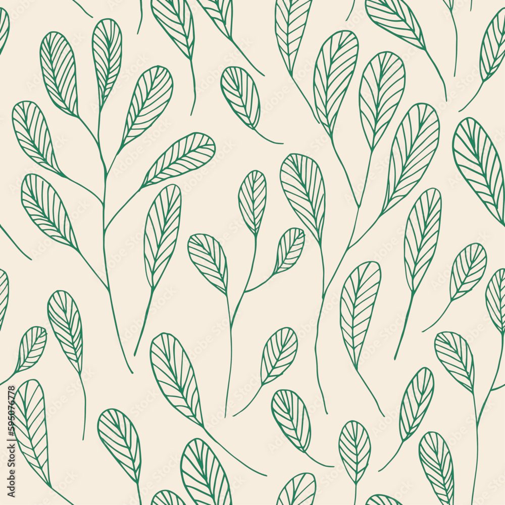Seamless vector pattern of branches and leaves. Spring summer pattern. Green striped leaves on beige background.