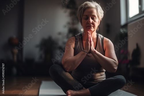 Mature woman doing yoga and meditating at home. Generative AI