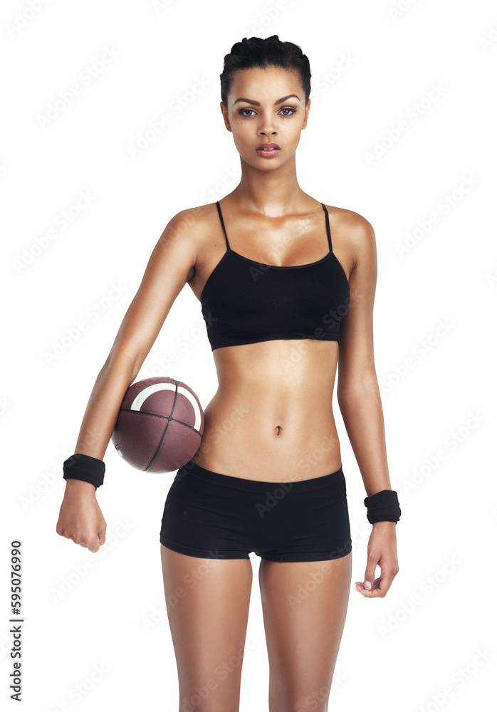 Fototapeta premium Portrait, american football and a sports woman isolated on a transparent background for serious competition. PNG, fitness and workout with a confident female athlete holding a ball in challenge