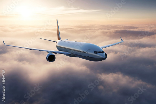 Airplane Flying in the Sky. Transportation Concept on Blue Background
