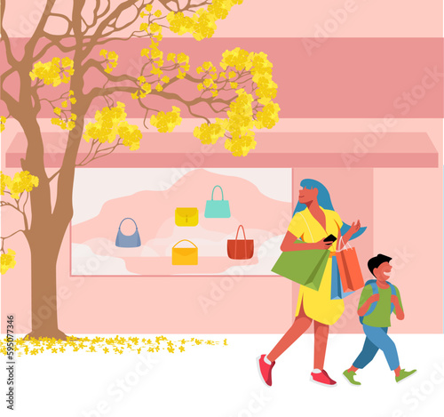 Vetor de Mãe e filho fazendo compras em frete a vitrine na loja de bolsas - Compras em família - Presentes - Dia das Mães