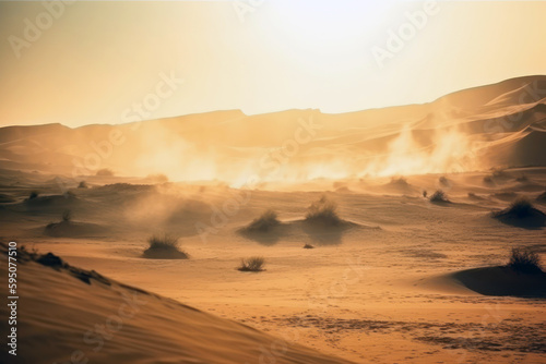 Sunset in the desert. Extreme heat, high temperature. Hazy orange sky. Global warming. Generative AI