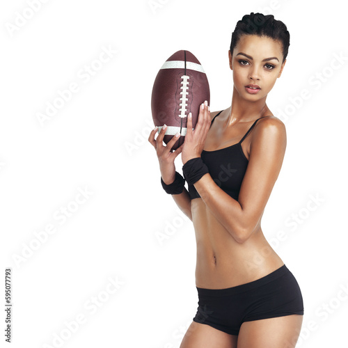 Portrait, American football and confidence with a sports woman isolated on a transparent background for competition. PNG, exercise and fitness with a young female athlete holding a ball in challenge