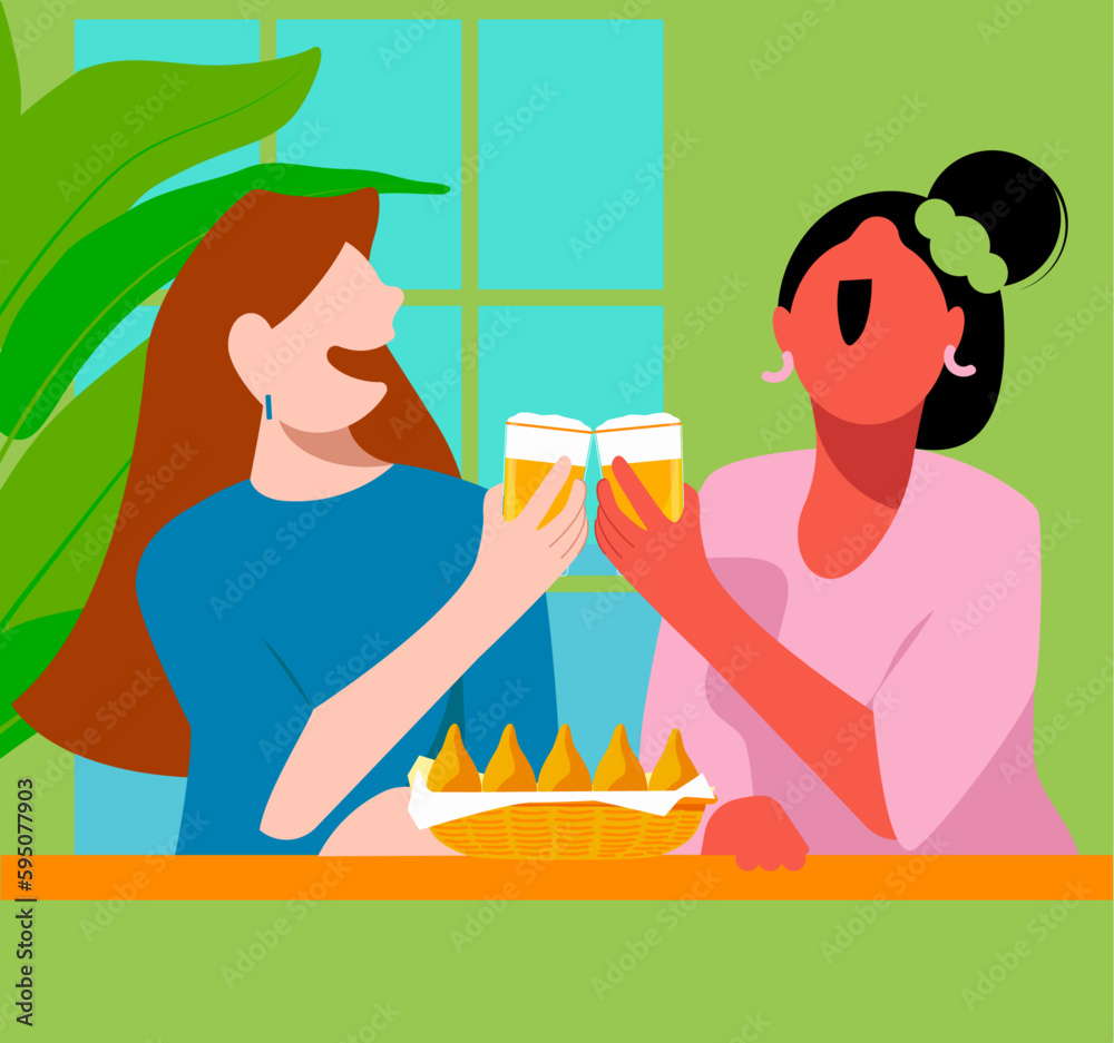 Vetor de amigas bebendo cerveja e comendo coxinha na no bar - Boteco - Happy Hour