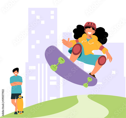 Mãe Trans brincando de Skate com a filha no parque - Maternidade - Mulher LGBTQI e filha brincando juntas.