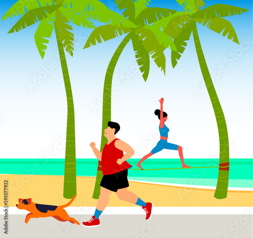 inclusive daily life - Weekend at the beach - Vector Illustration of a plus-size man jogging on the boardwalk of a sunny tropical beach with his dog and a girl practicing slacklining in the background