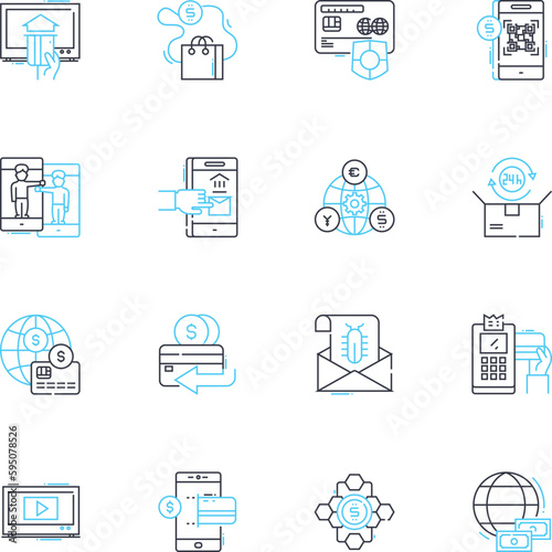 Debit card linear icons set. Transaction, Withdrawal, PIN, Balance, Deposit, Swipe, Security line vector and concept signs. Plastic,Bank,Purchase outline illustrations