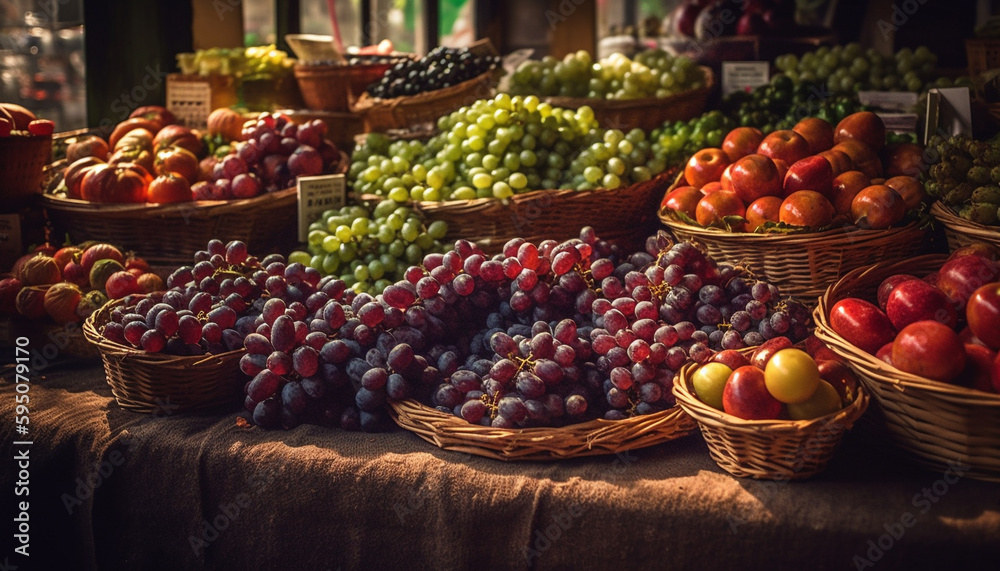 Abundance of fresh organic fruit in wicker basket generated by AI