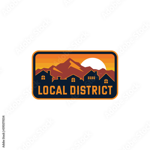 Patch emblem natural landscape mountain sunset in a residential area Logo design Inspiration