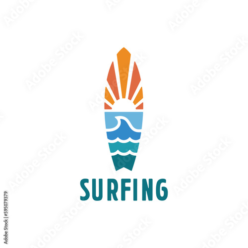Vintage Surfing surfboard sunset and ocean waves Line art simple logo design Inspiration
