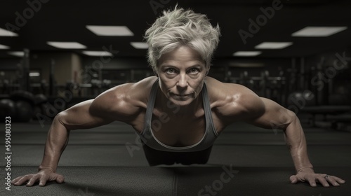 Fictional person. Aging elderly senior baby boomer woman getting fit, exercising, and general wellness activities. Strong. Muscles. Created using generative AI.