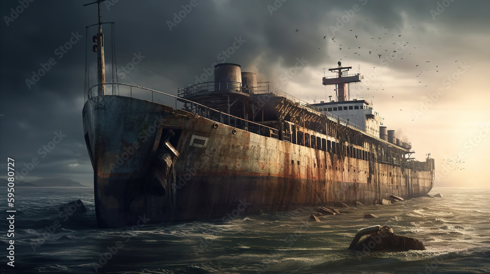 Abandoned shipwreck, wreck of old rusty ship or boat after post-apocalyptic. Generative ai