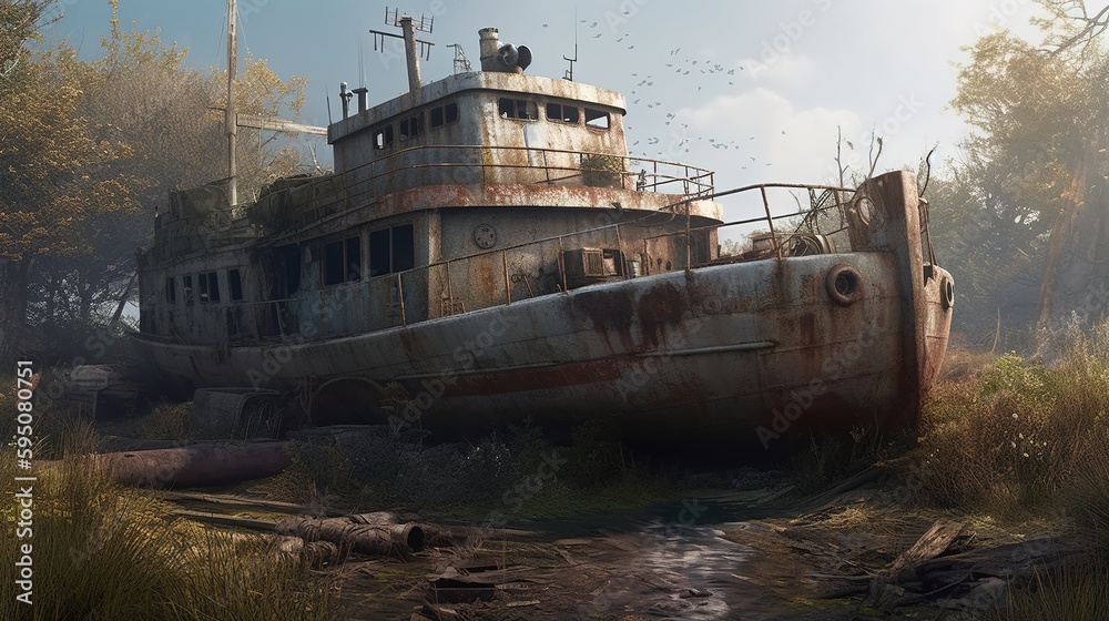 Abandoned shipwreck, wreck of old rusty ship or boat after post-apocalyptic. Generative ai Abandoned shipwreck, wreck of old rusty ship or boat after post-apocalyptic. Generative ai