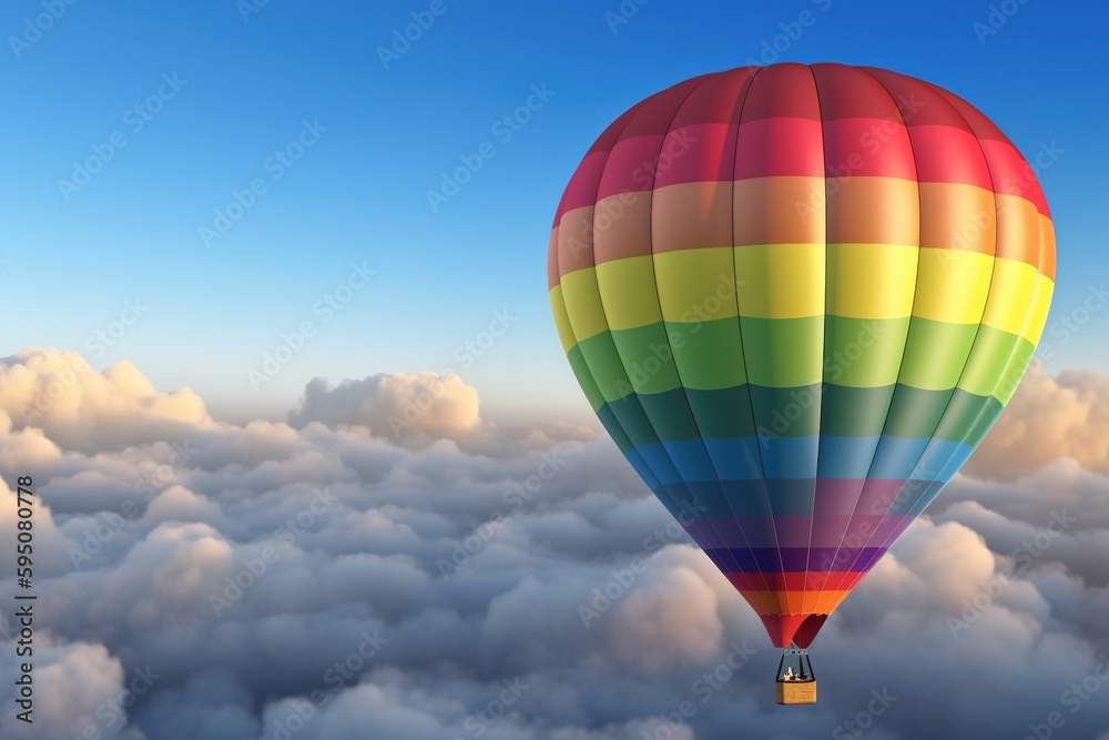 Fototapeta premium Colorful rainbow hot Balloon against clouds and sky. Generative ai