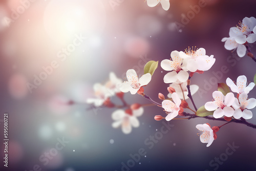 cherry blossom branches on blurred background .Pink sakura flowers, dreamy romantic image of spring, landscape panorama, copy space. ai generative