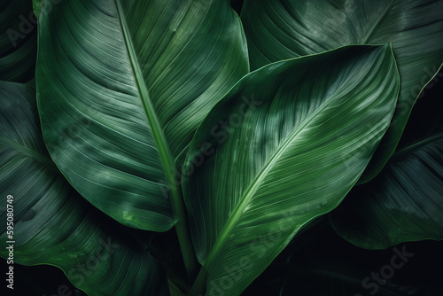 texture of tropical banana leaves, large palm foliage nature dark green background. ai generative
