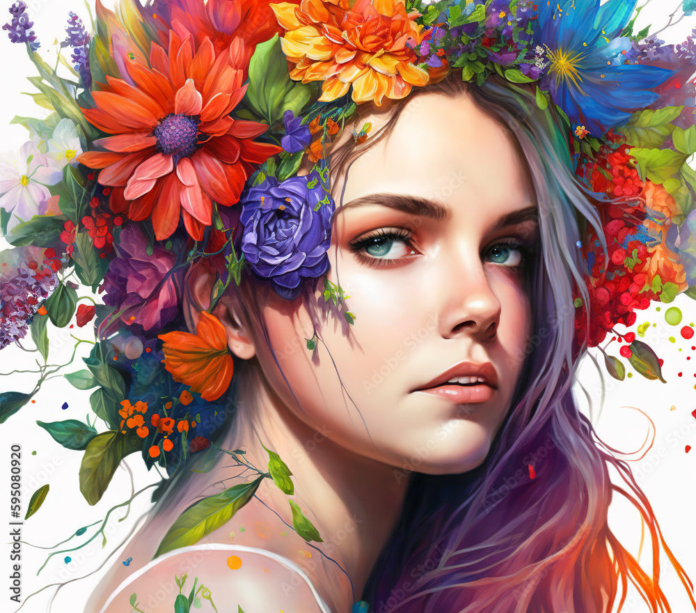 Portrait of a beautiful young woman with wreath of flowers on her head, girl with flowers on head, summer and female beauty concept, watercolor illustration, generative ai