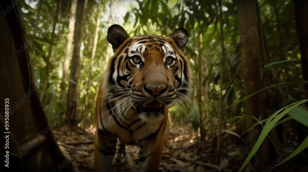 Fototapeta premium Tiger in a cinematic jungle forest background with beautiful colors generative ai