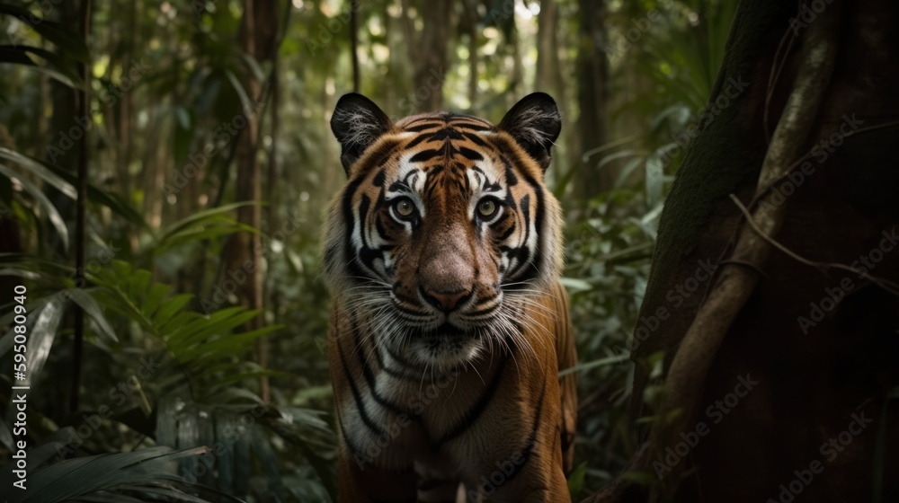 Tiger in a cinematic jungle forest background with beautiful colors generative ai