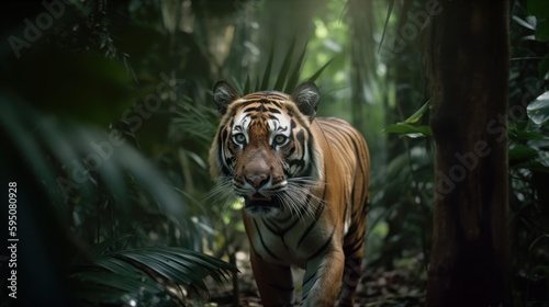 Tiger in a cinematic jungle forest background with beautiful colors generative ai © Hixel