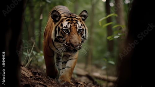 Tiger in a cinematic jungle forest background with beautiful colors generative ai © Hixel