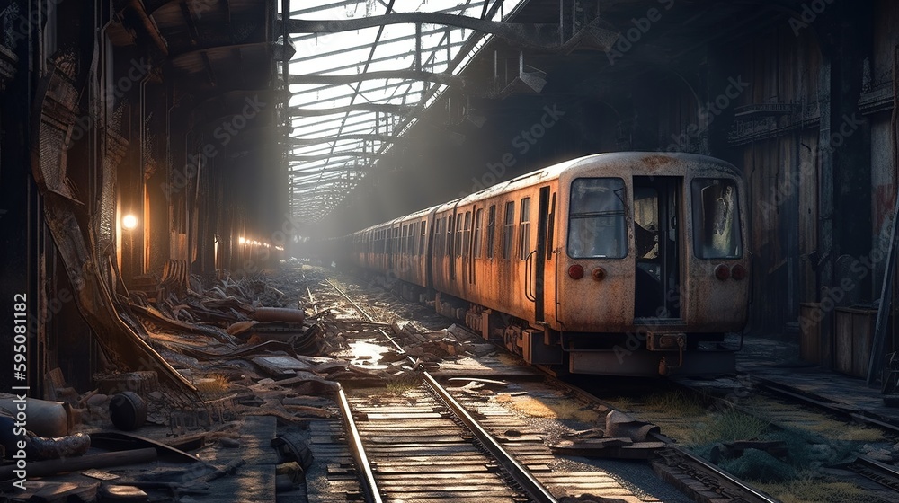 Naklejka premium Abandoned train wreck. Grungy abandoned underpass. Future post apocalypse environment concept. Neural network AI generated art