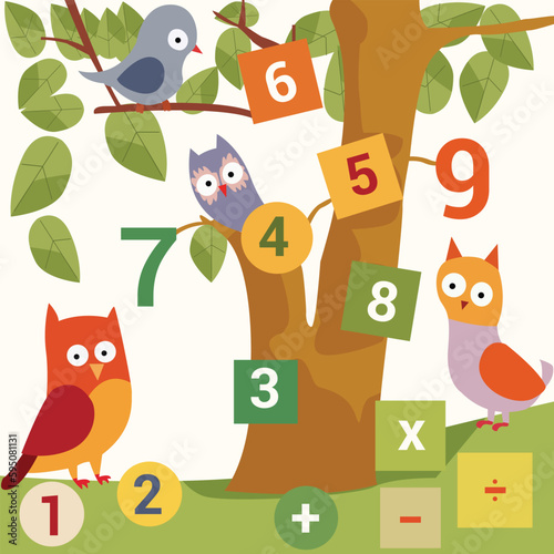 A math puzzle with a number 1 and an owl on the tree.