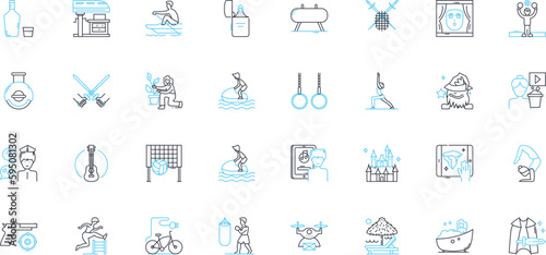 Idle pastimes linear icons set. Reading, Gaming, Watching, Daydreaming, Browsing, Wandering, Stargazing line vector and concept signs. Napping,Sketching,Listening outline illustrations
