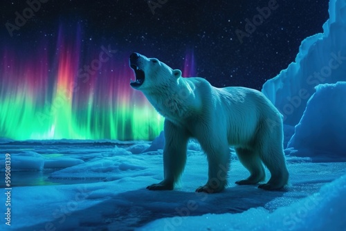 A large polar bear close-up in the Arctic at the North Pole in the snow against a background of green northern lights in the sky with stars  polar night  generative AI