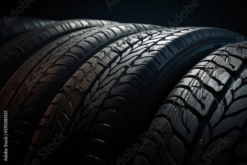 set of summer, economical car tires on a black background. ai generative