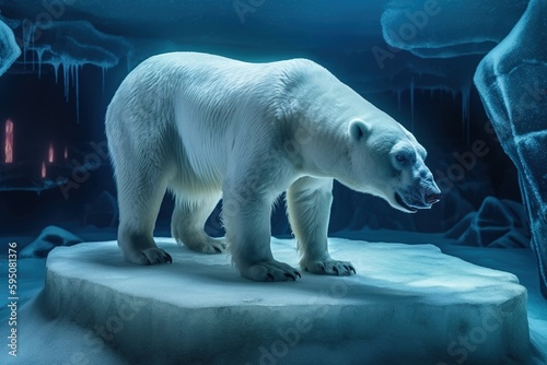 Global warming  concept with lone polar bear standing on small iceberg in the middle of the north ocean at night  Generative AI illustration